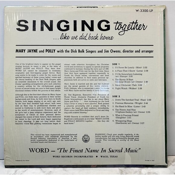 Mary Jayne and Polly Singing Together Vinyl LP Christian Gospel in Shrink VG+ - Picture 5 of 6